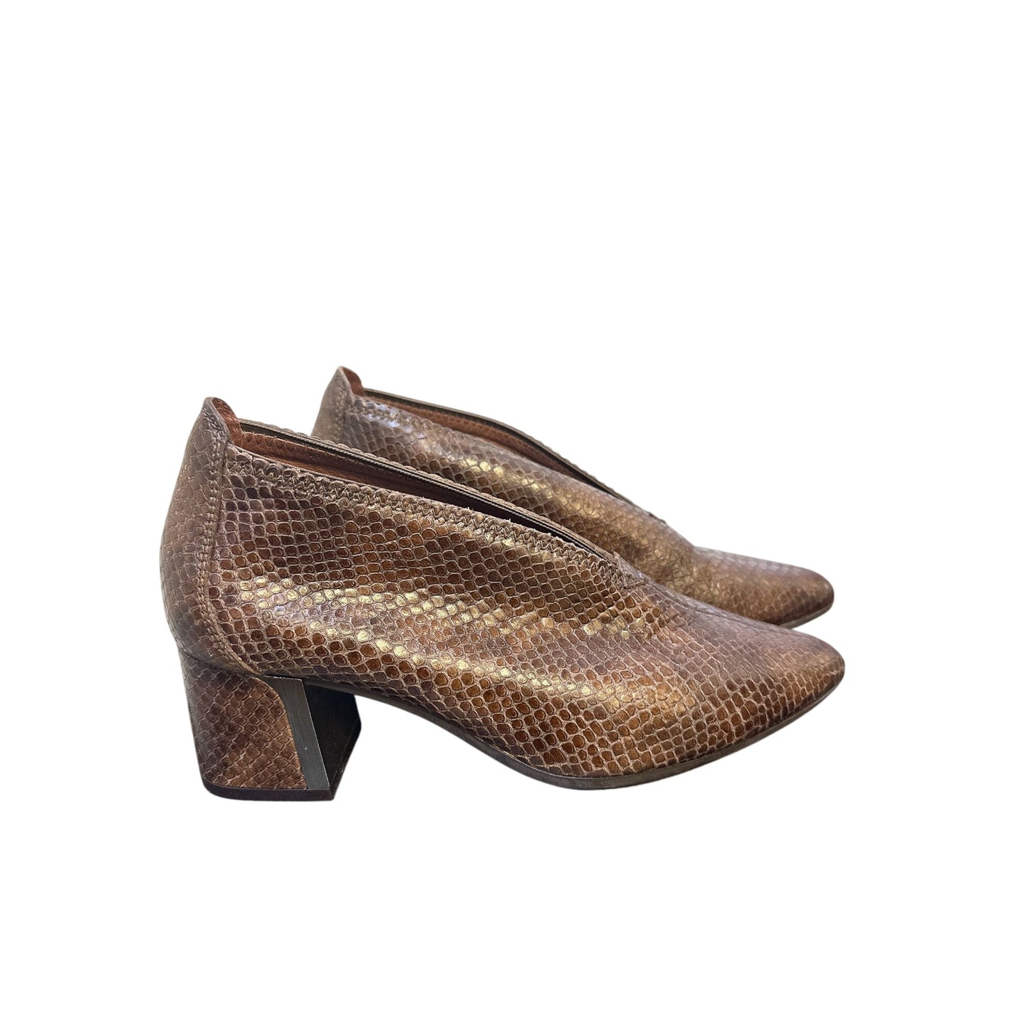 Hispanitas Brown Faux Snakeskin Block Heel Shoes Pointed Toe Size 5.5