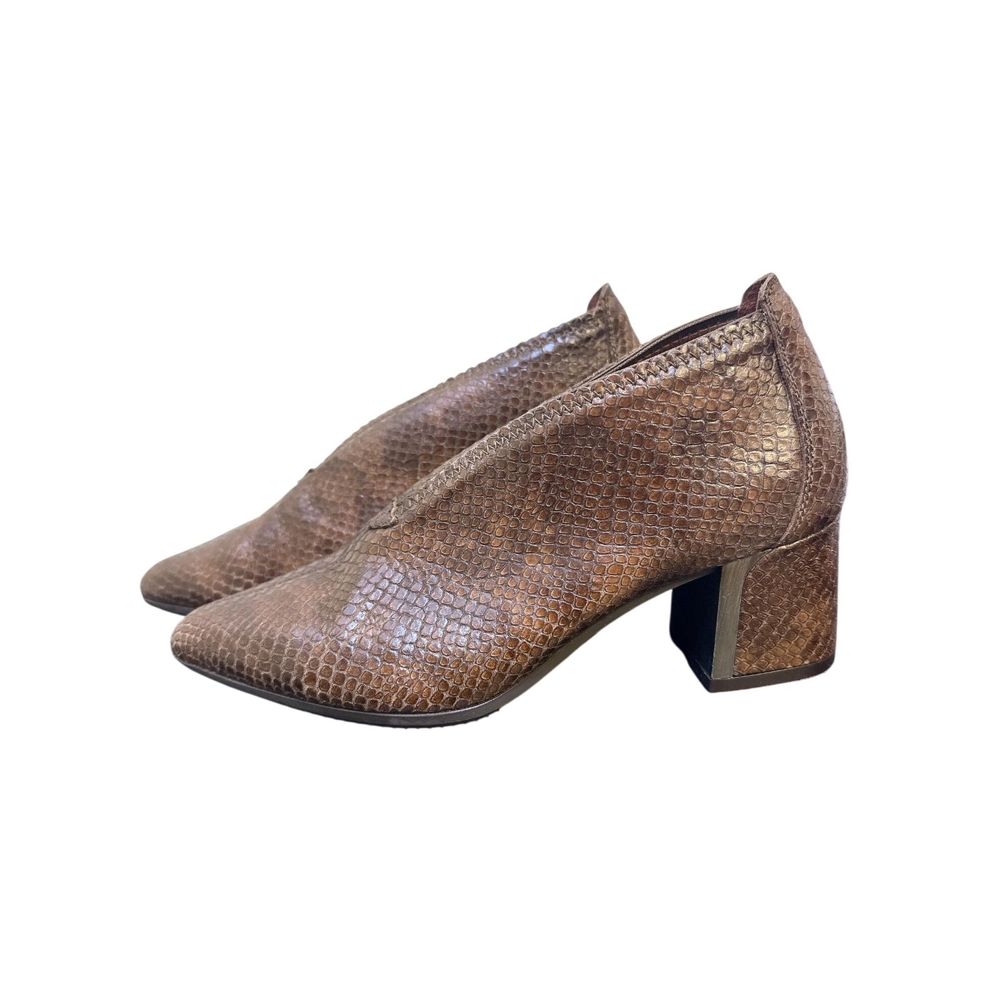 Hispanitas Brown Faux Snakeskin Block Heel Shoes Pointed Toe Size 5.5