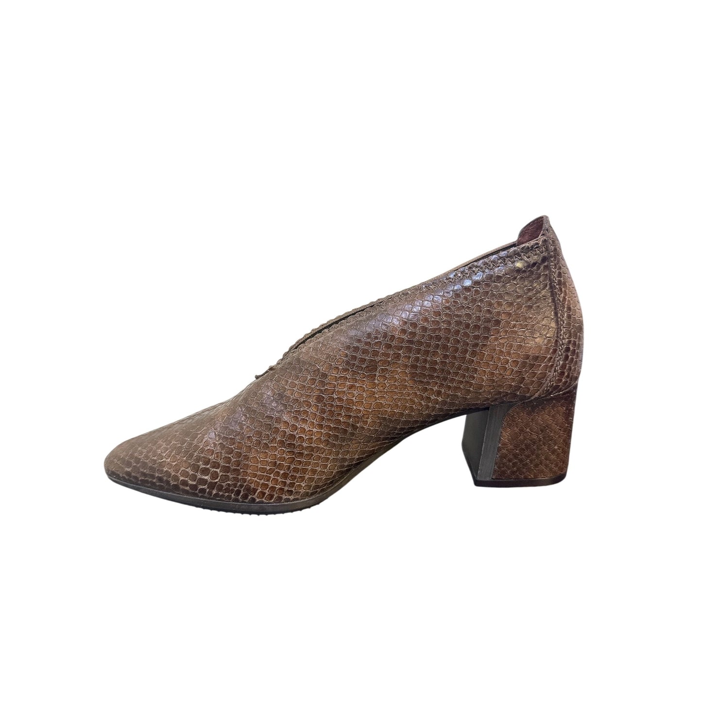 Hispanitas Brown Faux Snakeskin Block Heel Shoes Pointed Toe Size 5.5