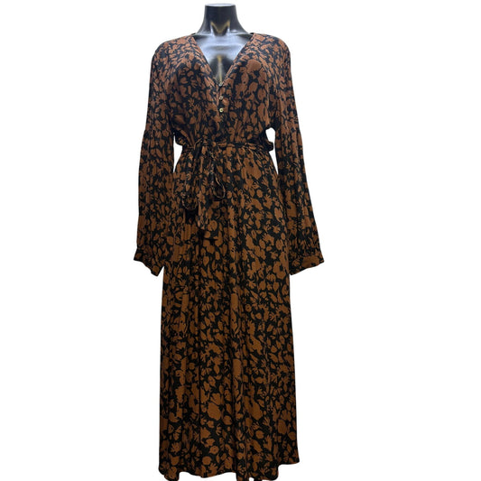 NWT Rails Brown & Black Floral Print Belted Maxi Dress L