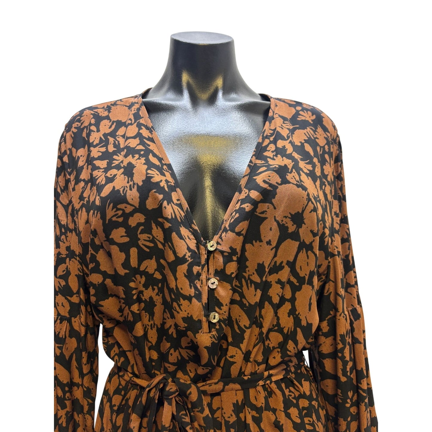 NWT Rails Brown & Black Floral Print Belted Maxi Dress L