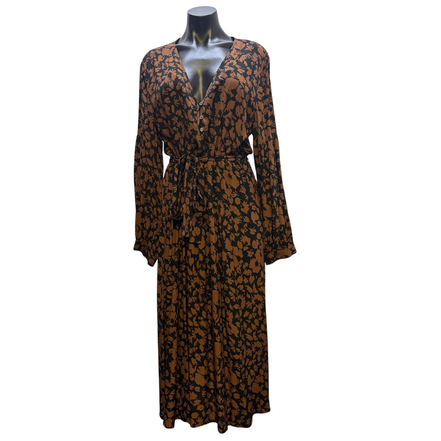 NWT Rails Brown & Black Floral Print Belted Maxi Dress L