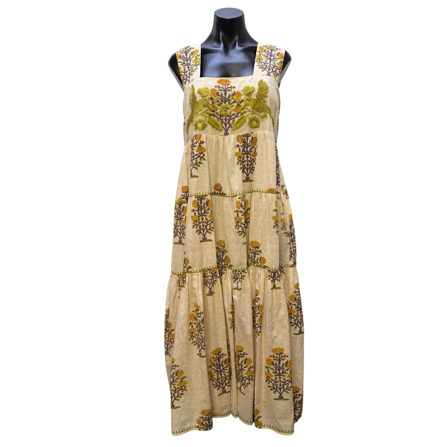 Sister Mary Dress Cream Green Floral Embroidered Boho Maxi M