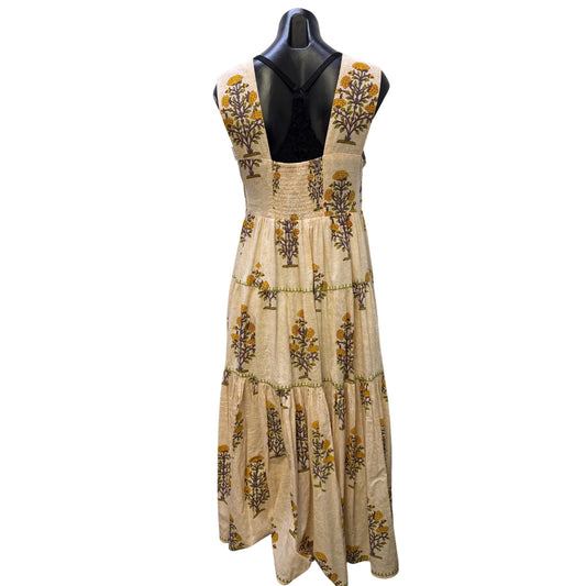 Sister Mary Dress Cream Green Floral Embroidered Boho Maxi M