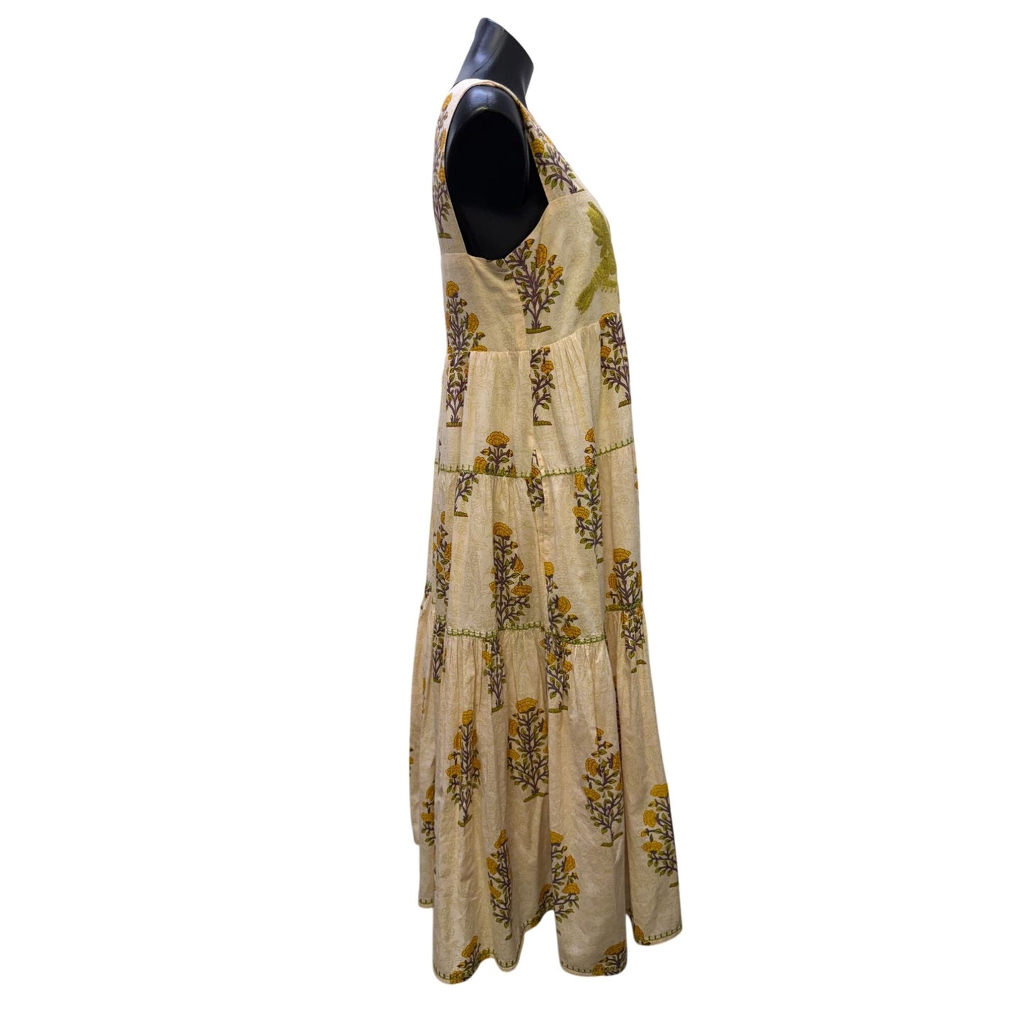 Sister Mary Dress Cream Green Floral Embroidered Boho Maxi M