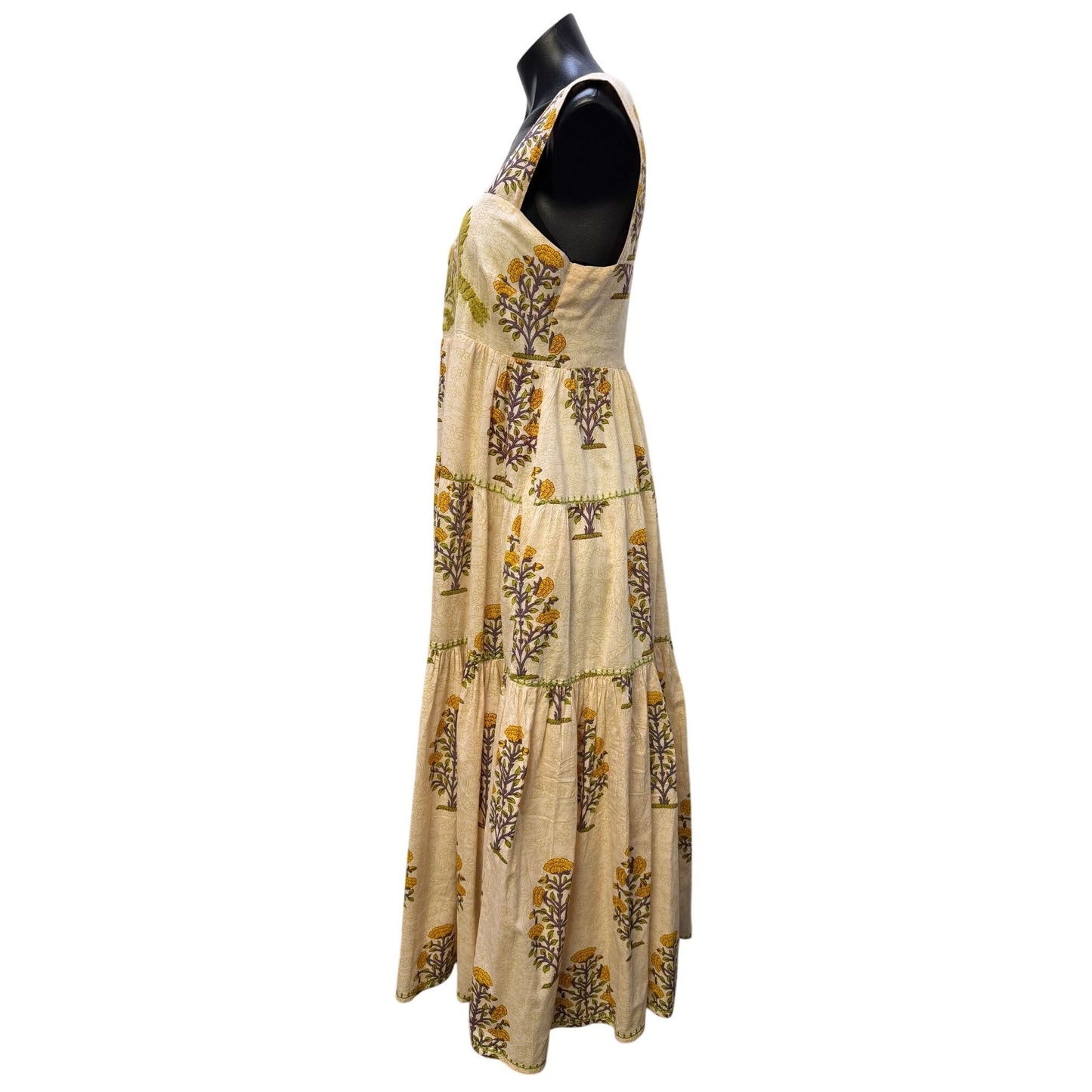 Sister Mary Dress Cream Green Floral Embroidered Boho Maxi M