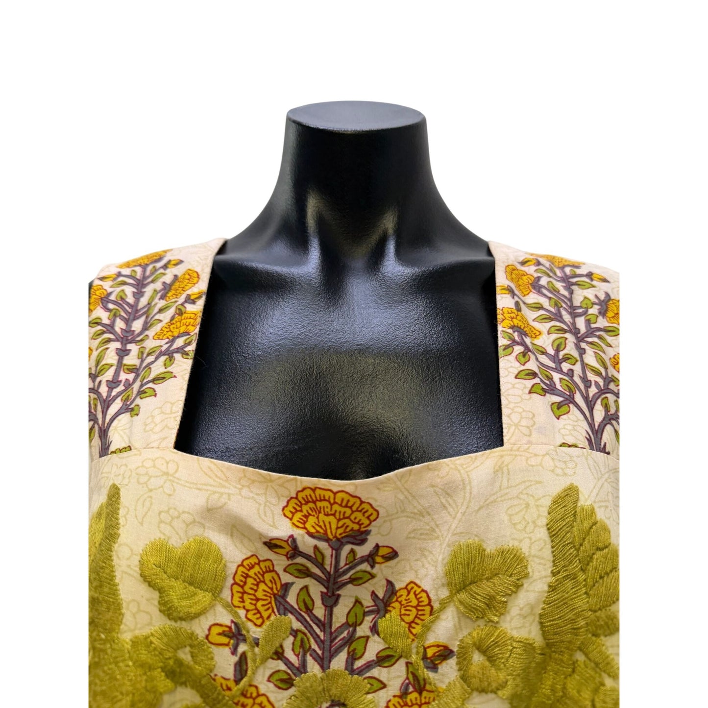 Sister Mary Dress Cream Green Floral Embroidered Boho Maxi M