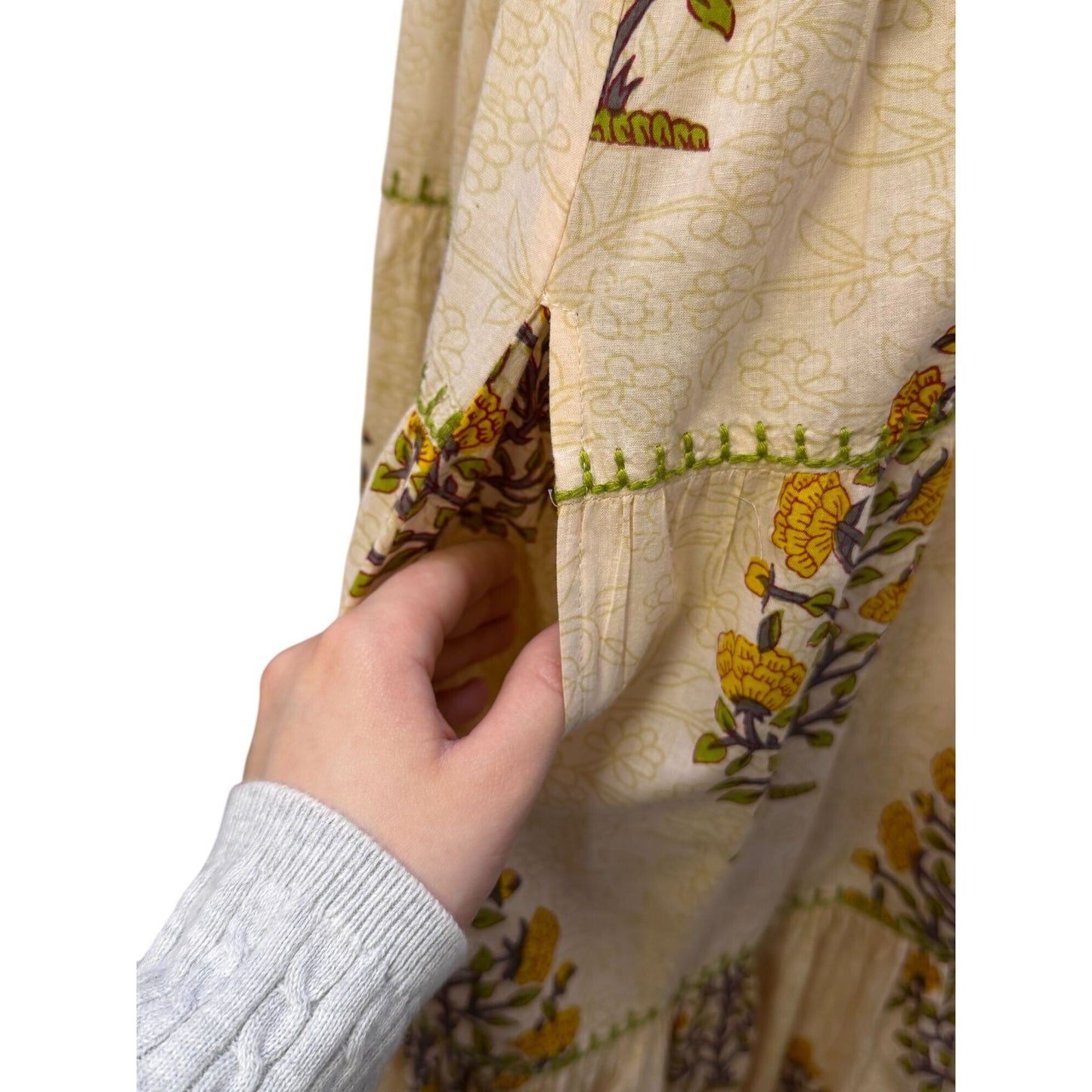 Sister Mary Dress Cream Green Floral Embroidered Boho Maxi M