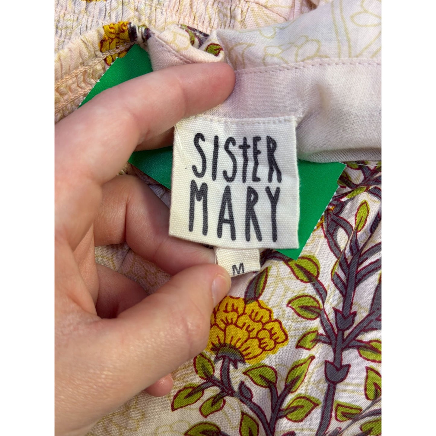 Sister Mary Dress Cream Green Floral Embroidered Boho Maxi M