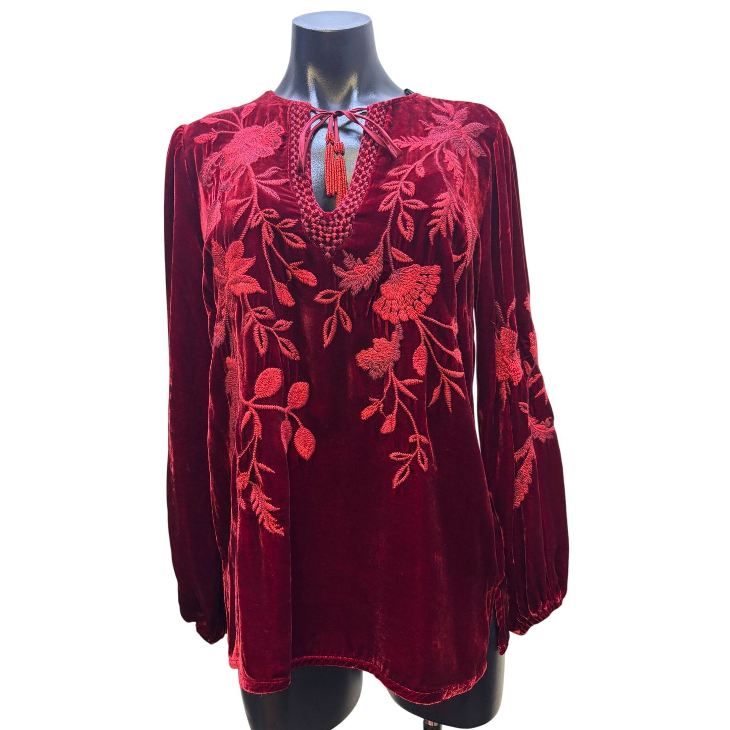 Johnny Was Red Velvet Embroidered Blouse Size S