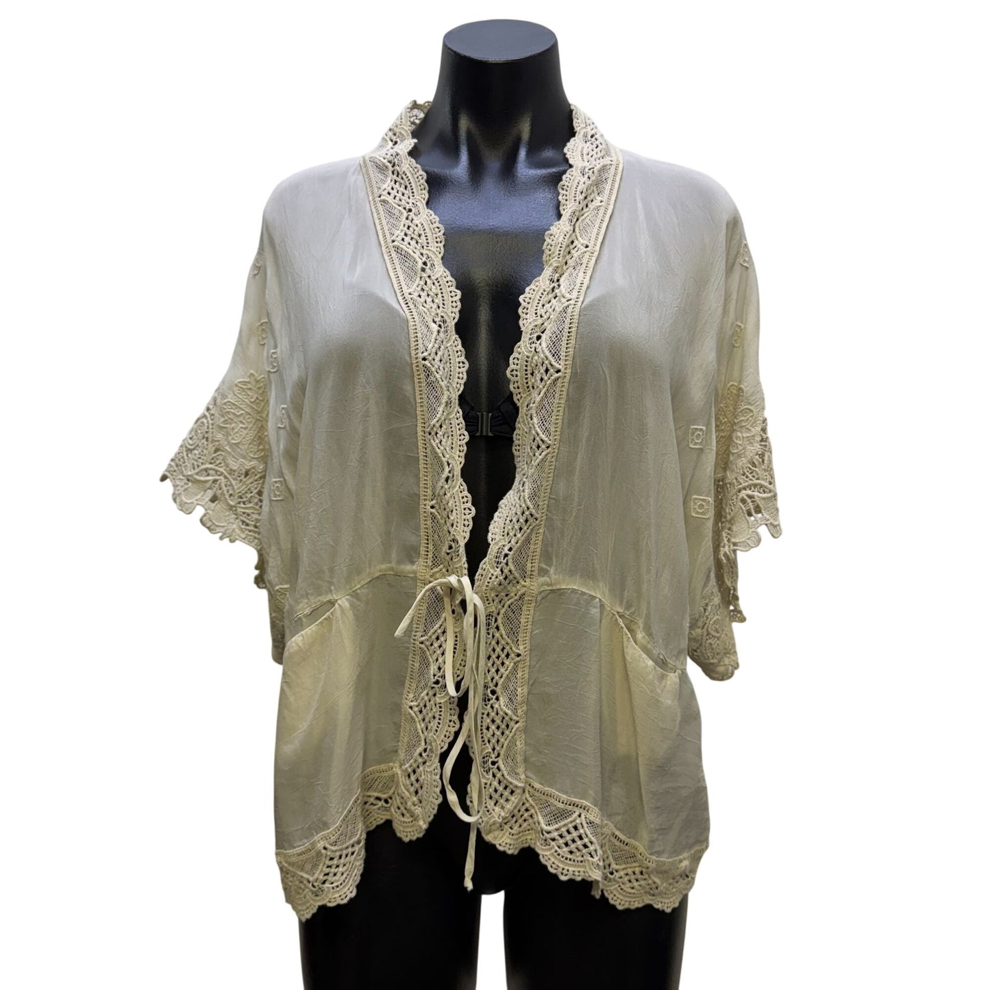 Johnny Was Silk Cardigan Ivory Lace Trim Open Front S