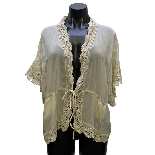 Johnny Was Silk Cardigan Ivory Lace Trim Open Front S