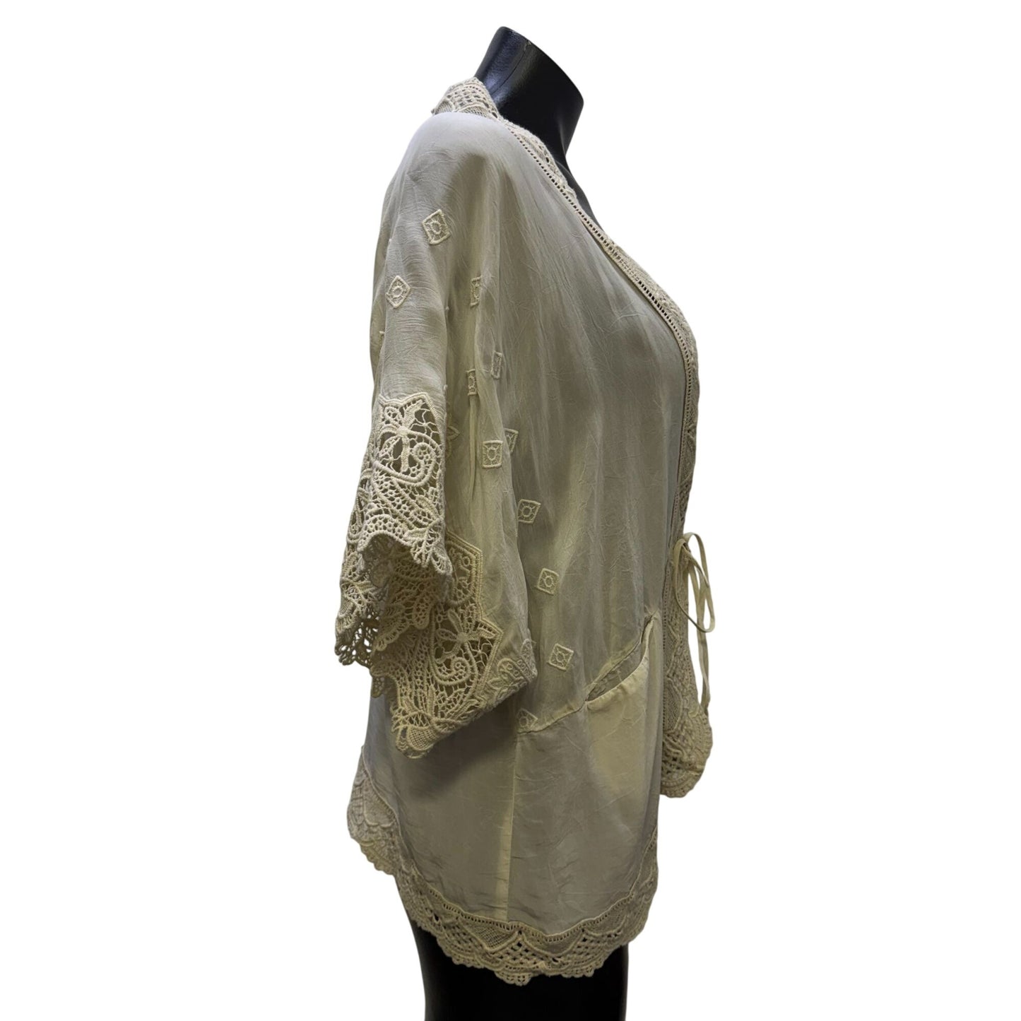 Johnny Was Silk Cardigan Ivory Lace Trim Open Front S