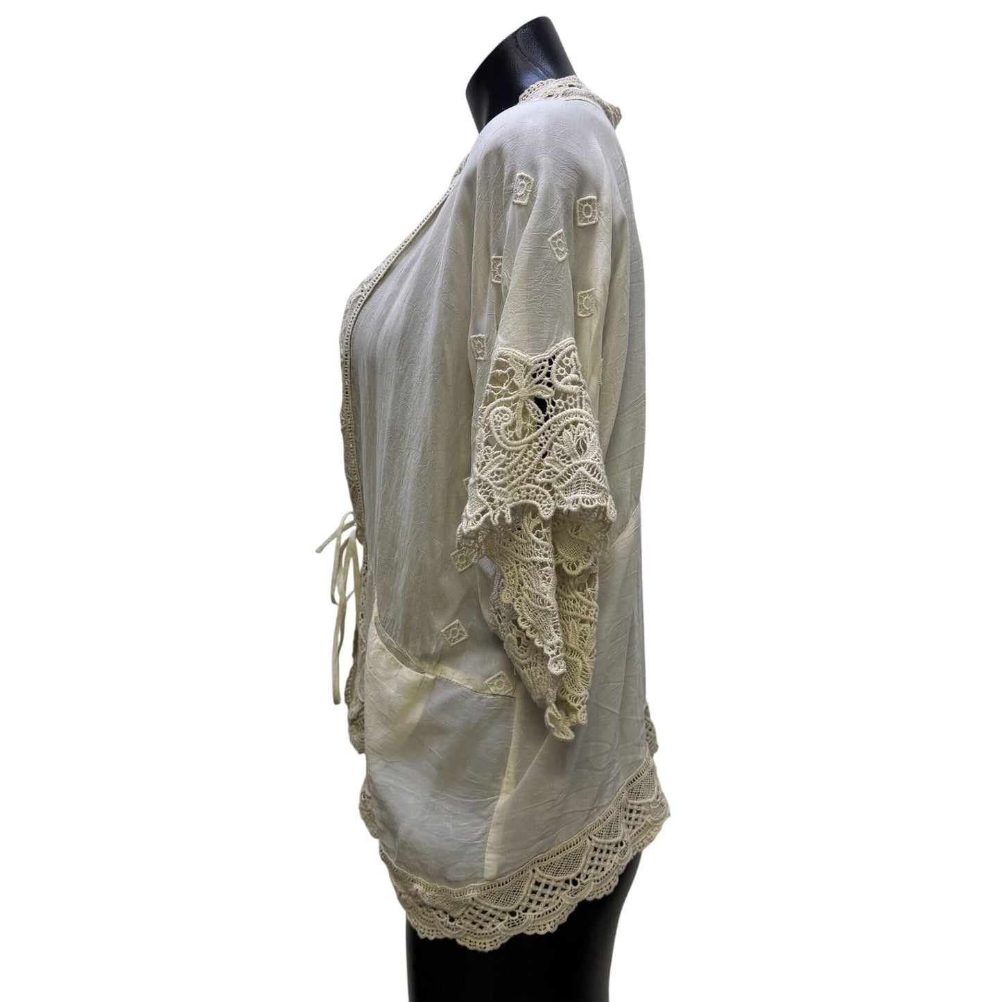 Johnny Was Silk Cardigan Ivory Lace Trim Open Front S