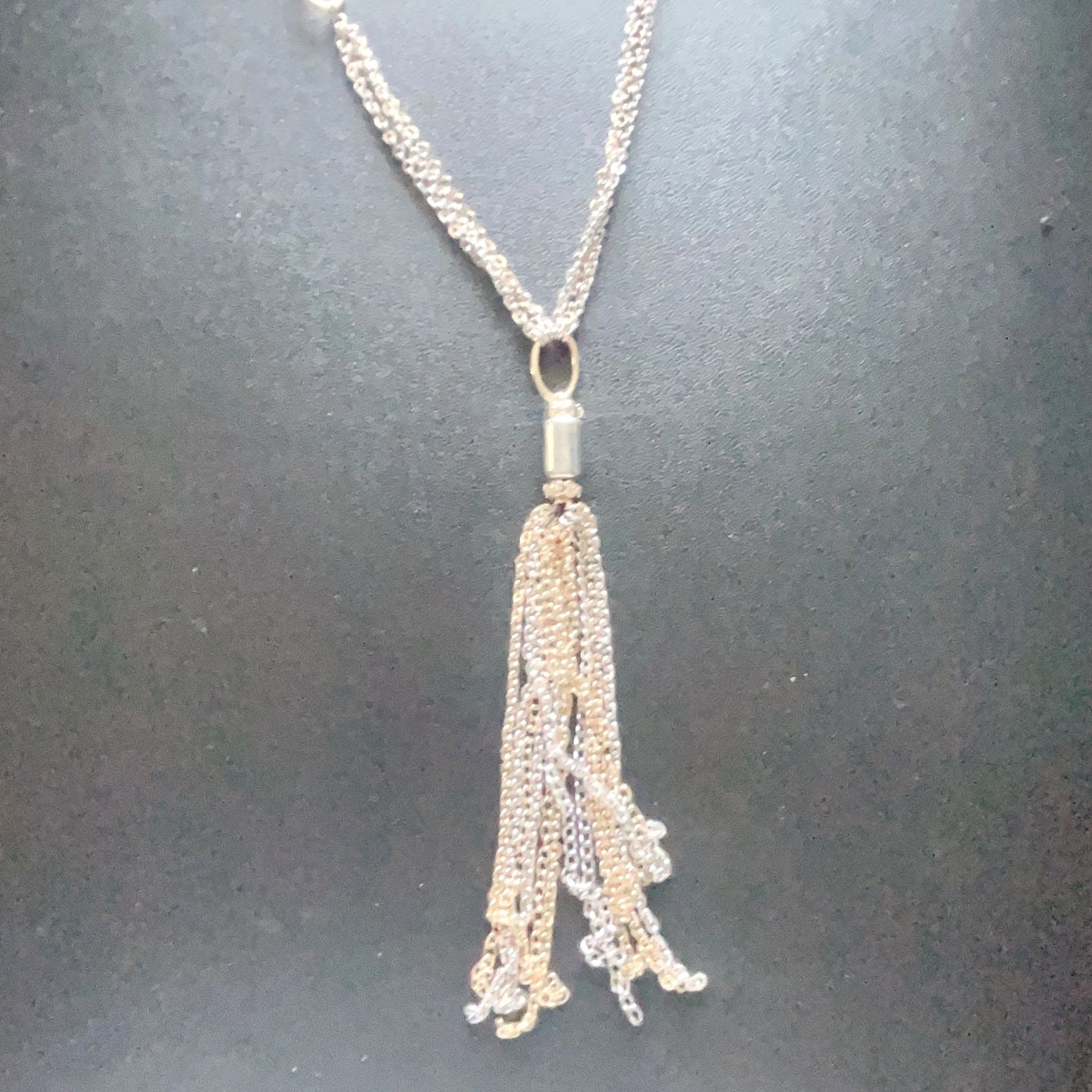 Chico's 2 Tone Silver & Gold Long Multi Chain with Tassel Necklace Medium