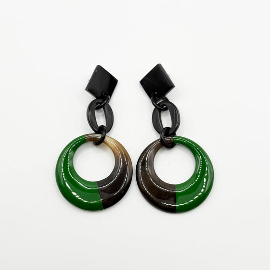 Geometric Black & Green Acrylic Drop Earrings With Circular Design