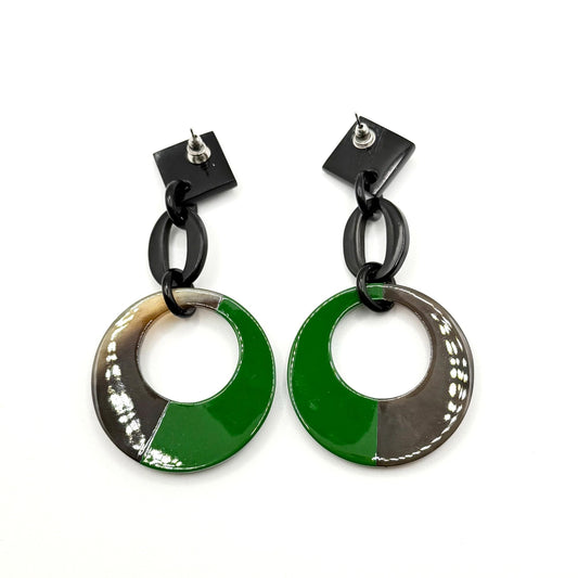 Geometric Black & Green Acrylic Drop Earrings With Circular Design