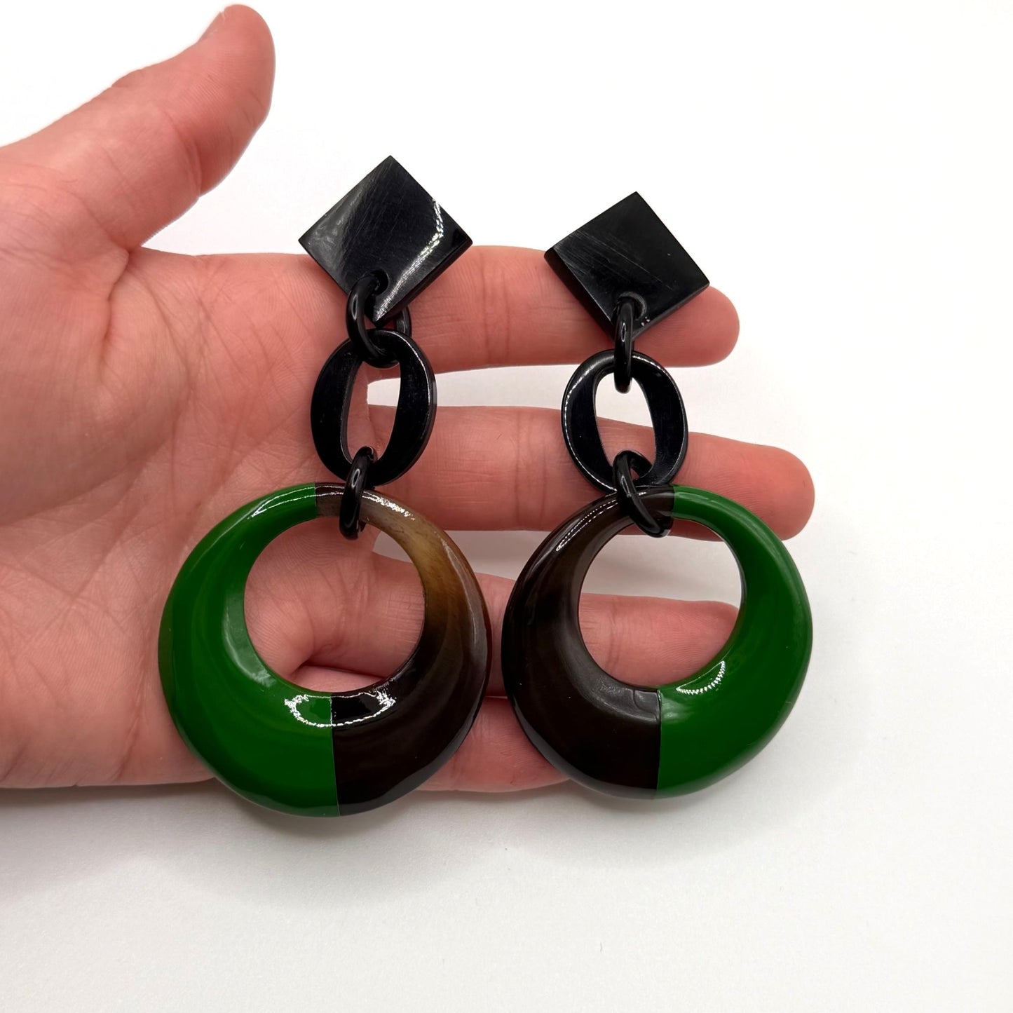 Geometric Black & Green Acrylic Drop Earrings With Circular Design