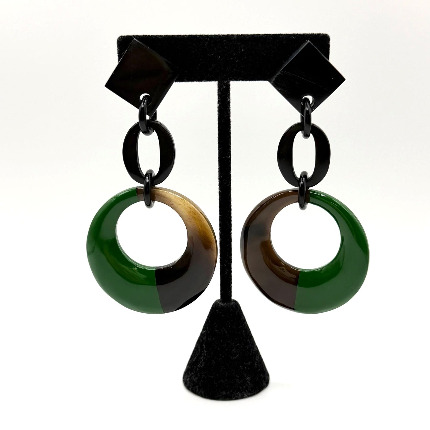 Geometric Black & Green Acrylic Drop Earrings With Circular Design