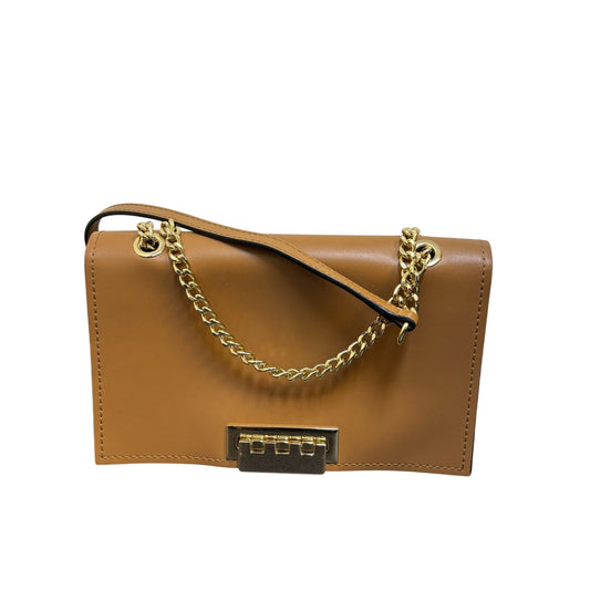 Zac Posen Brown Leather Crossbody Bag With Gold Chain Strap & Lock Closure