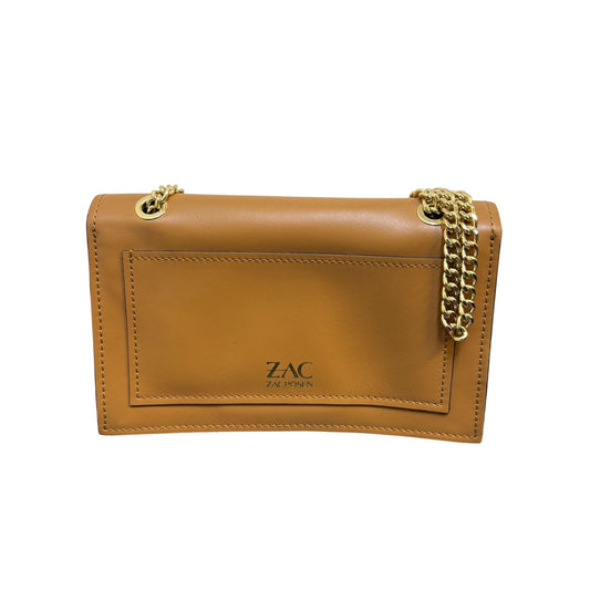 Zac Posen Brown Leather Crossbody Bag With Gold Chain Strap & Lock Closure