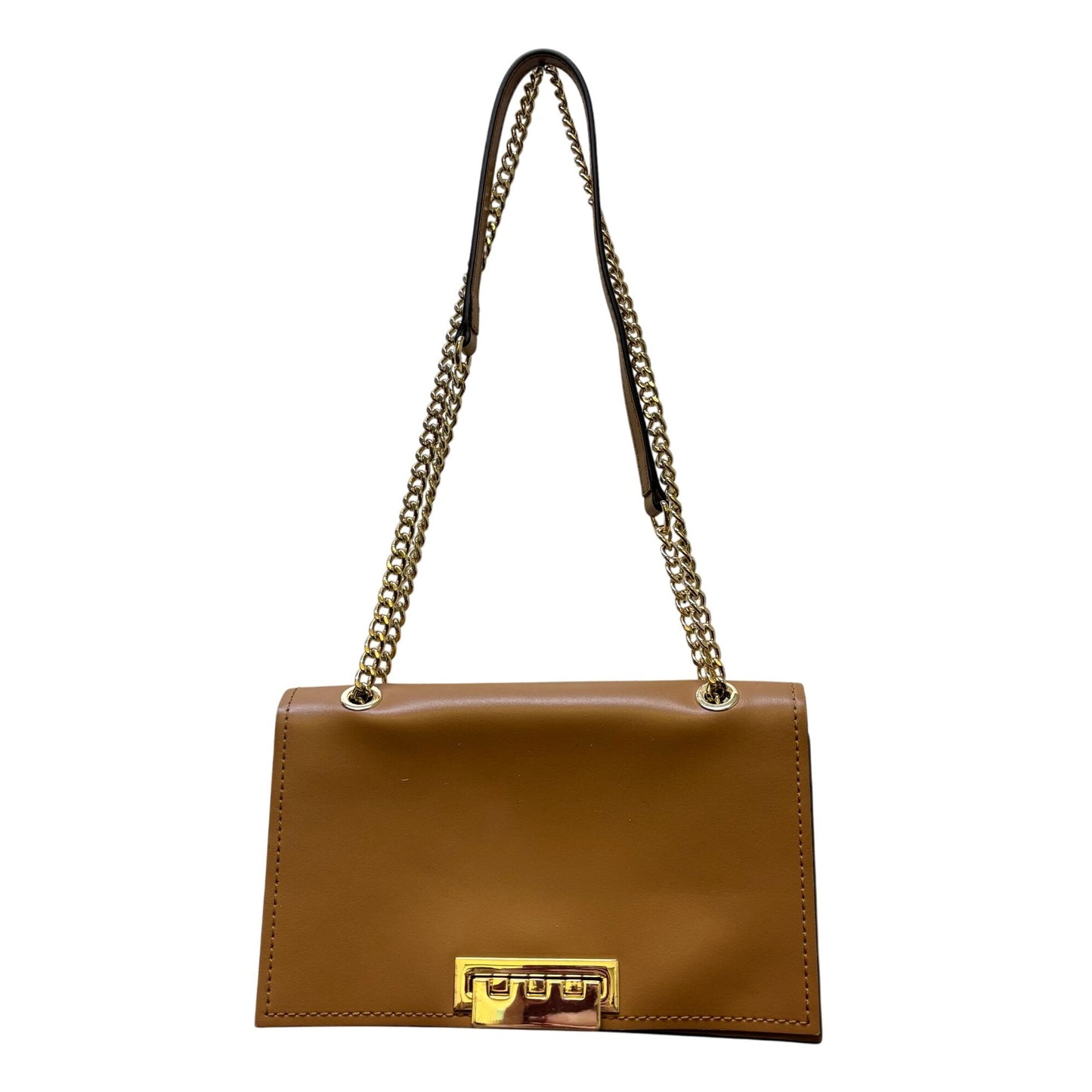 Zac Posen Brown Leather Crossbody Bag With Gold Chain Strap & Lock Closure