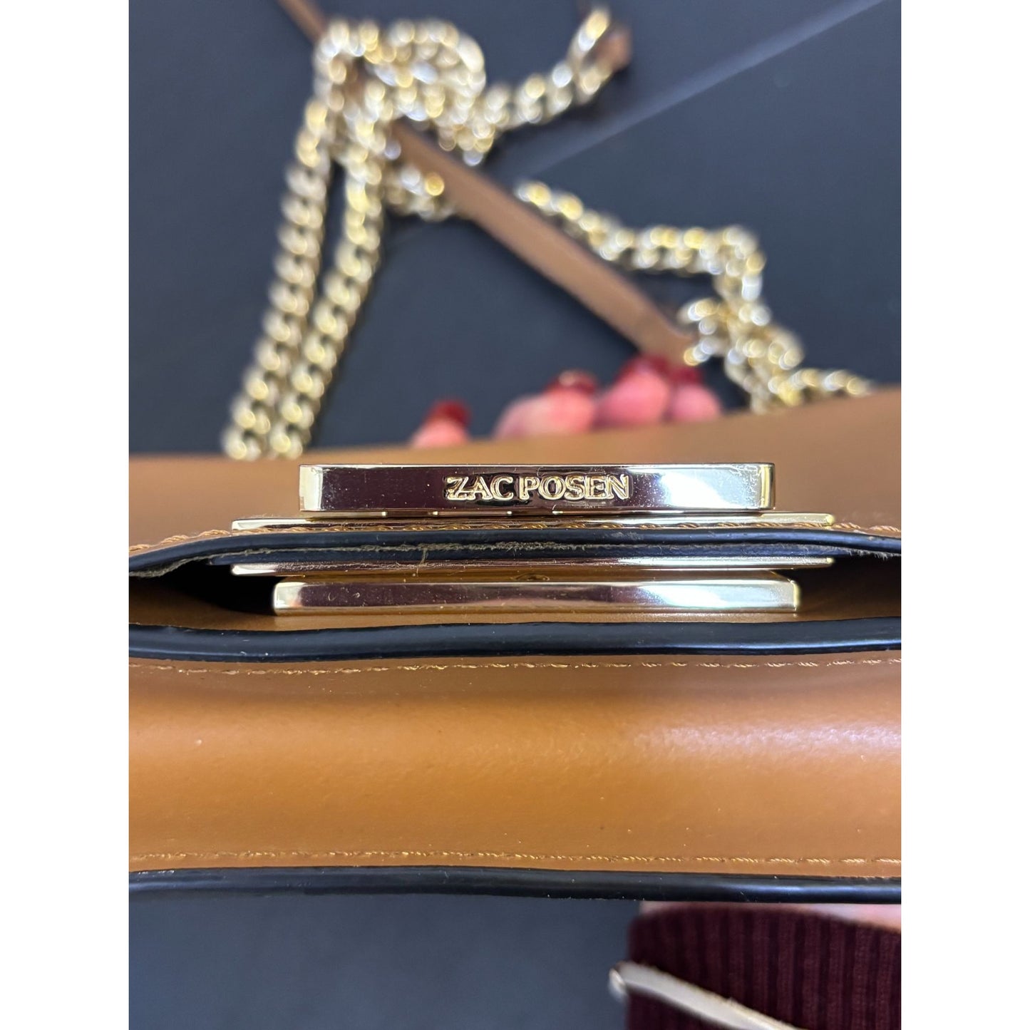 Zac Posen Brown Leather Crossbody Bag With Gold Chain Strap & Lock Closure