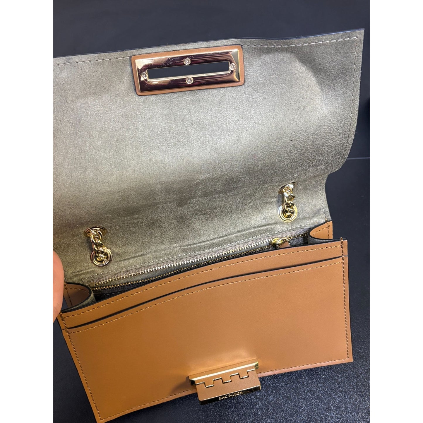 Zac Posen Brown Leather Crossbody Bag With Gold Chain Strap & Lock Closure