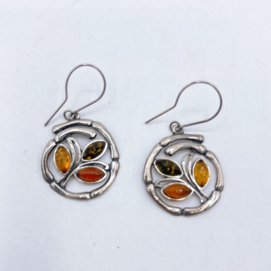 925 Sterling Round Amber Stone Dangle Earrings