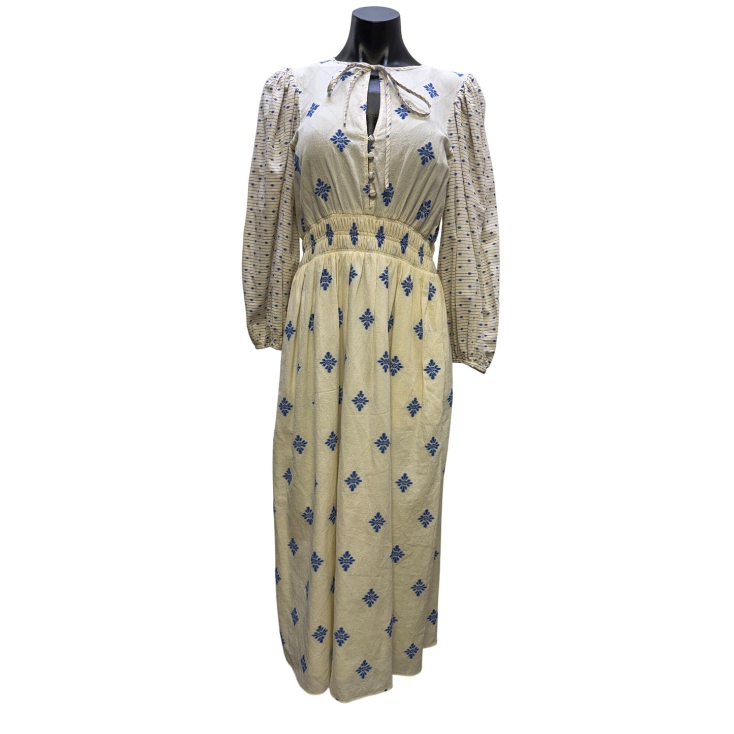 Hunter Bell Cream & Blue Maxi Dress With Tie Neck & Long Sleeves L