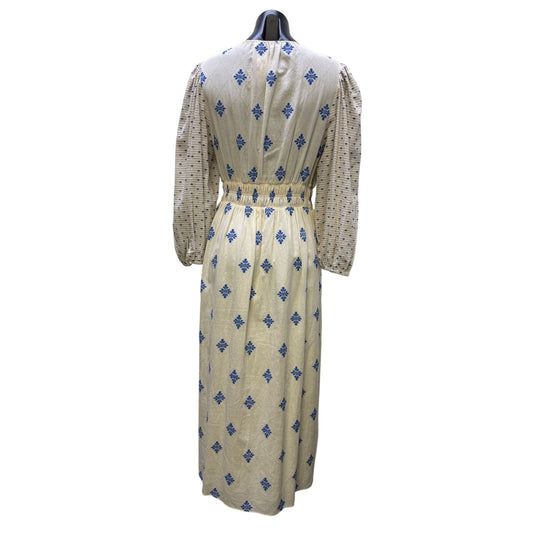 Hunter Bell Cream & Blue Maxi Dress With Tie Neck & Long Sleeves L