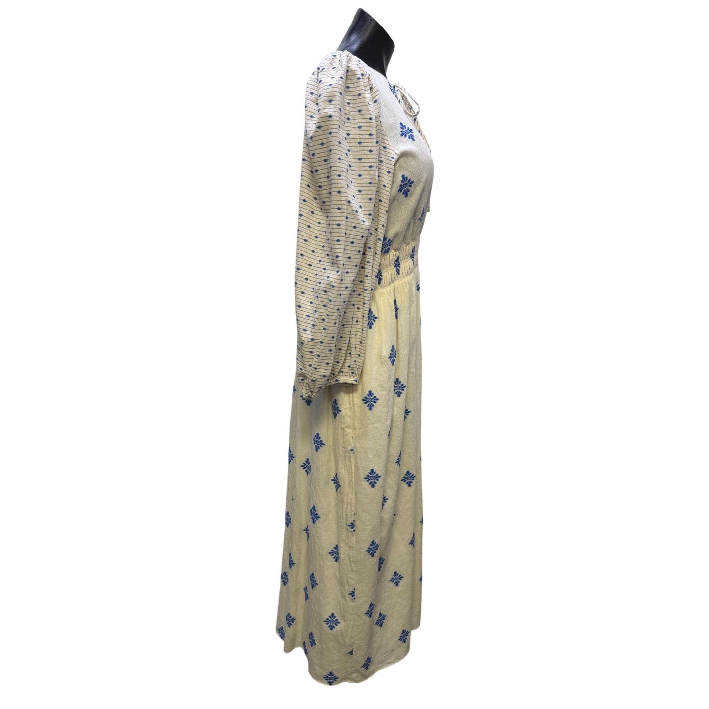 Hunter Bell Cream & Blue Maxi Dress With Tie Neck & Long Sleeves L