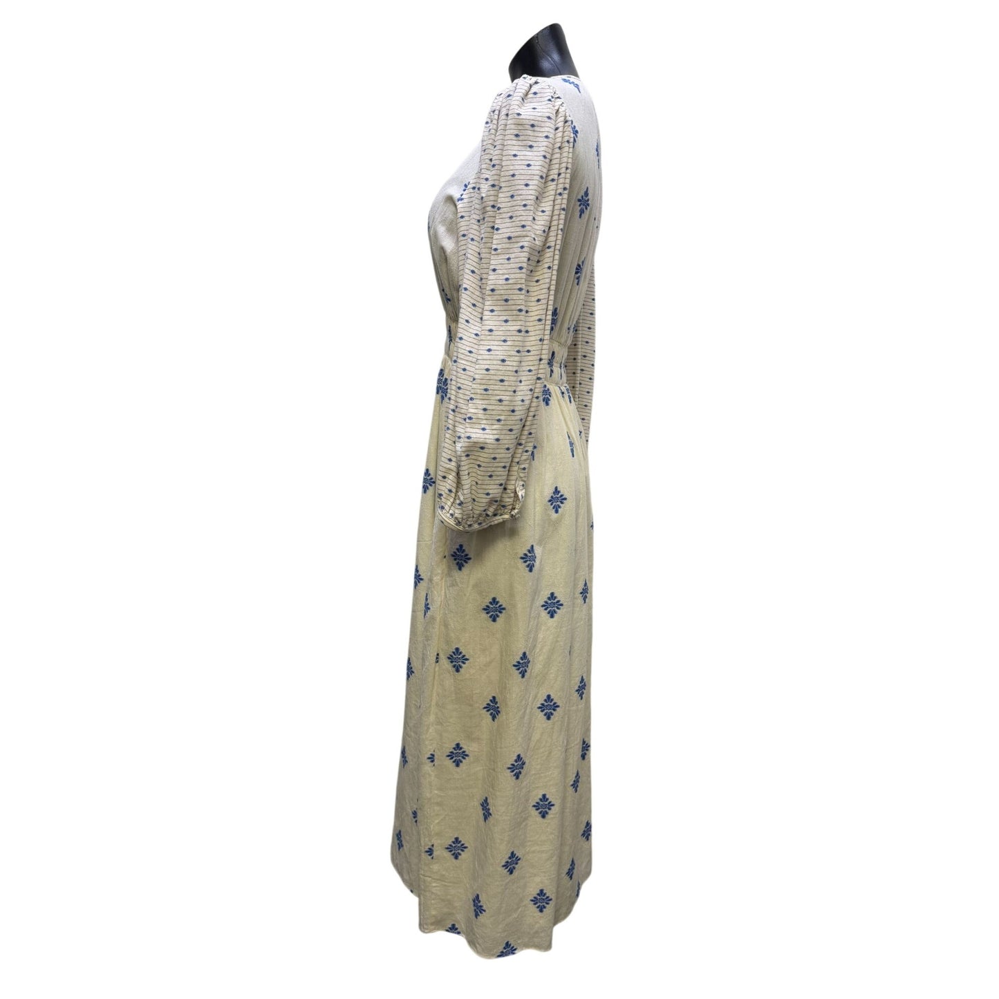 Hunter Bell Cream & Blue Maxi Dress With Tie Neck & Long Sleeves L