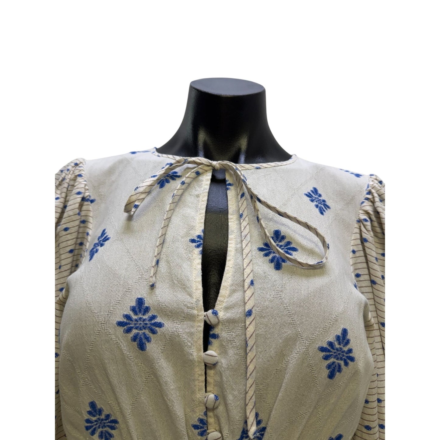 Hunter Bell Cream & Blue Maxi Dress With Tie Neck & Long Sleeves L