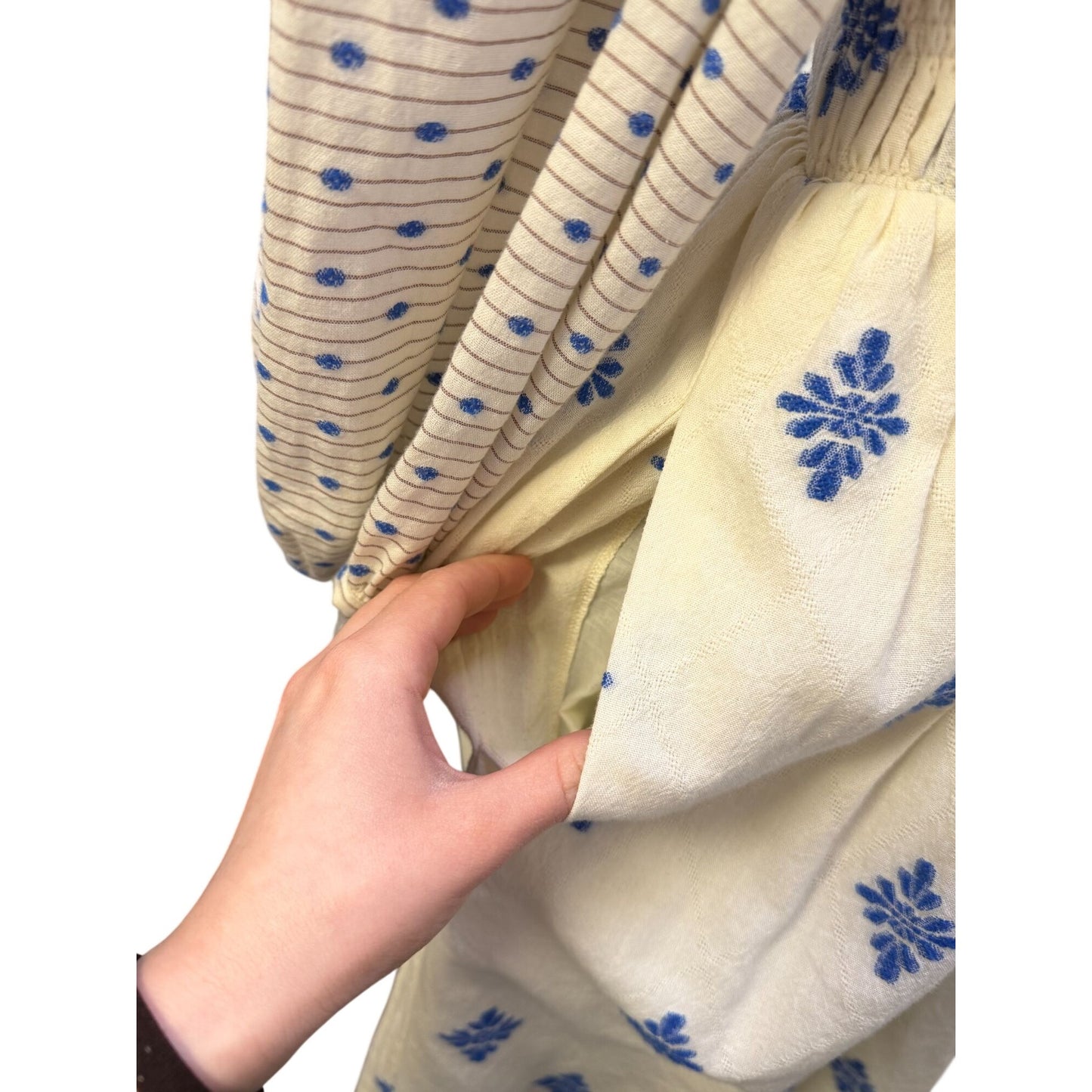 Hunter Bell Cream & Blue Maxi Dress With Tie Neck & Long Sleeves L
