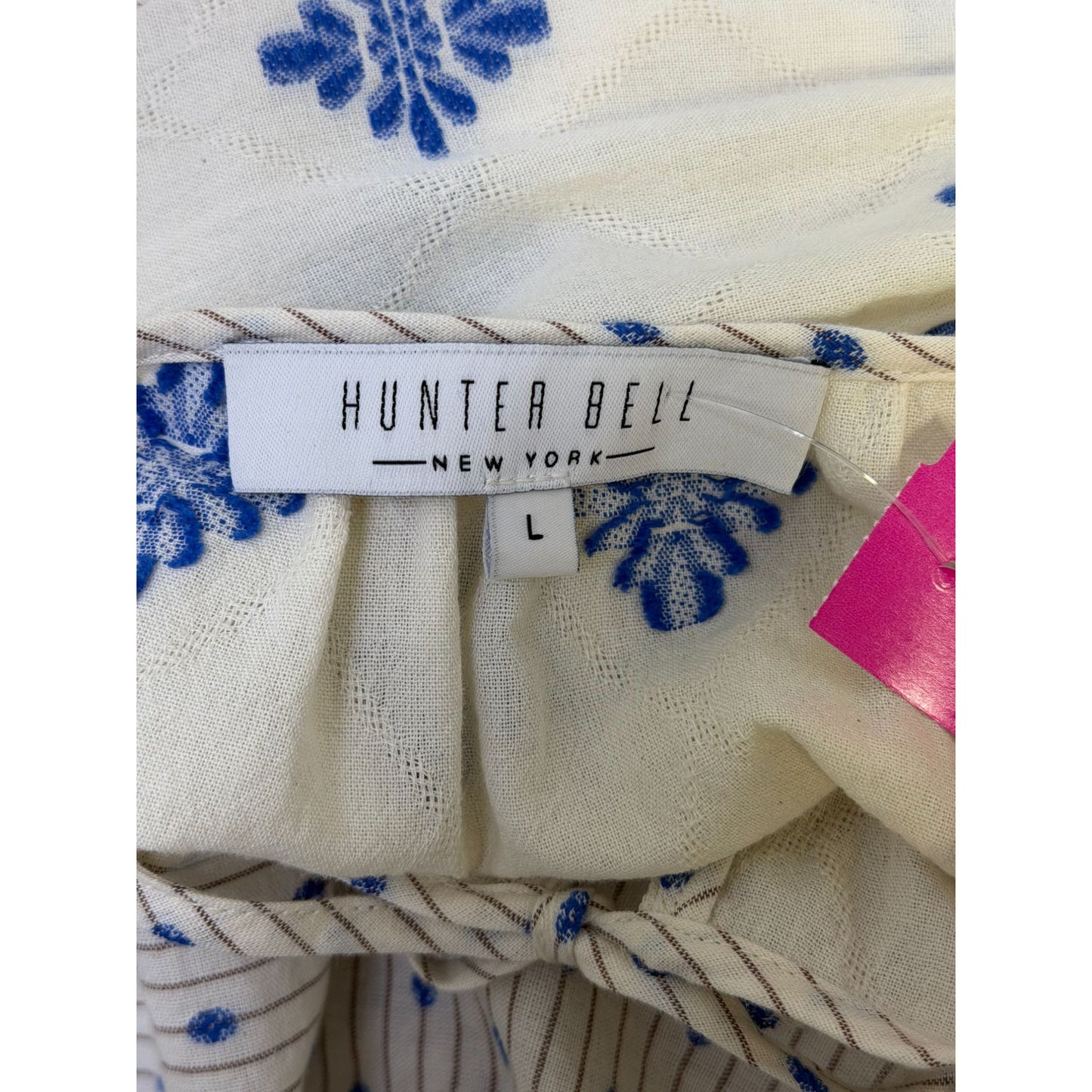 Hunter Bell Cream & Blue Maxi Dress With Tie Neck & Long Sleeves L