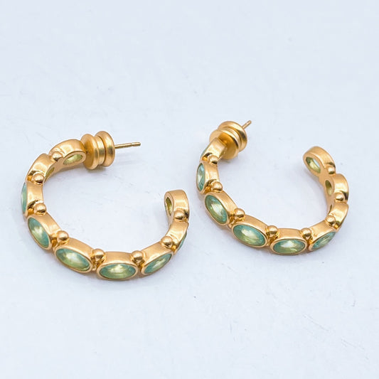 Julie Vos Mykonos Gold Colored Hoop Earrings Green Accents Lightweight Design