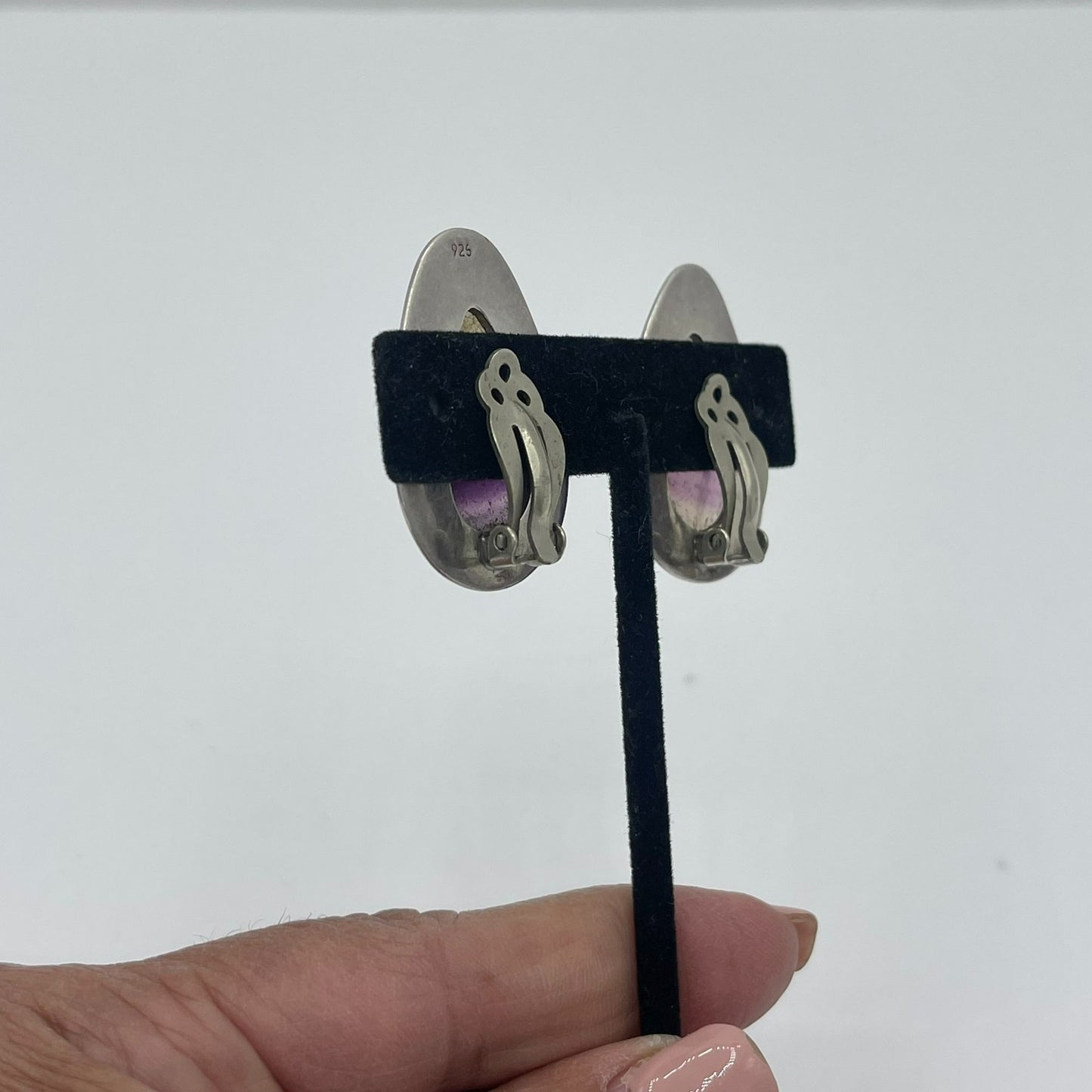 .925 Silver Oval Purple & Brown Stripe Stone Clip-On Earrings M