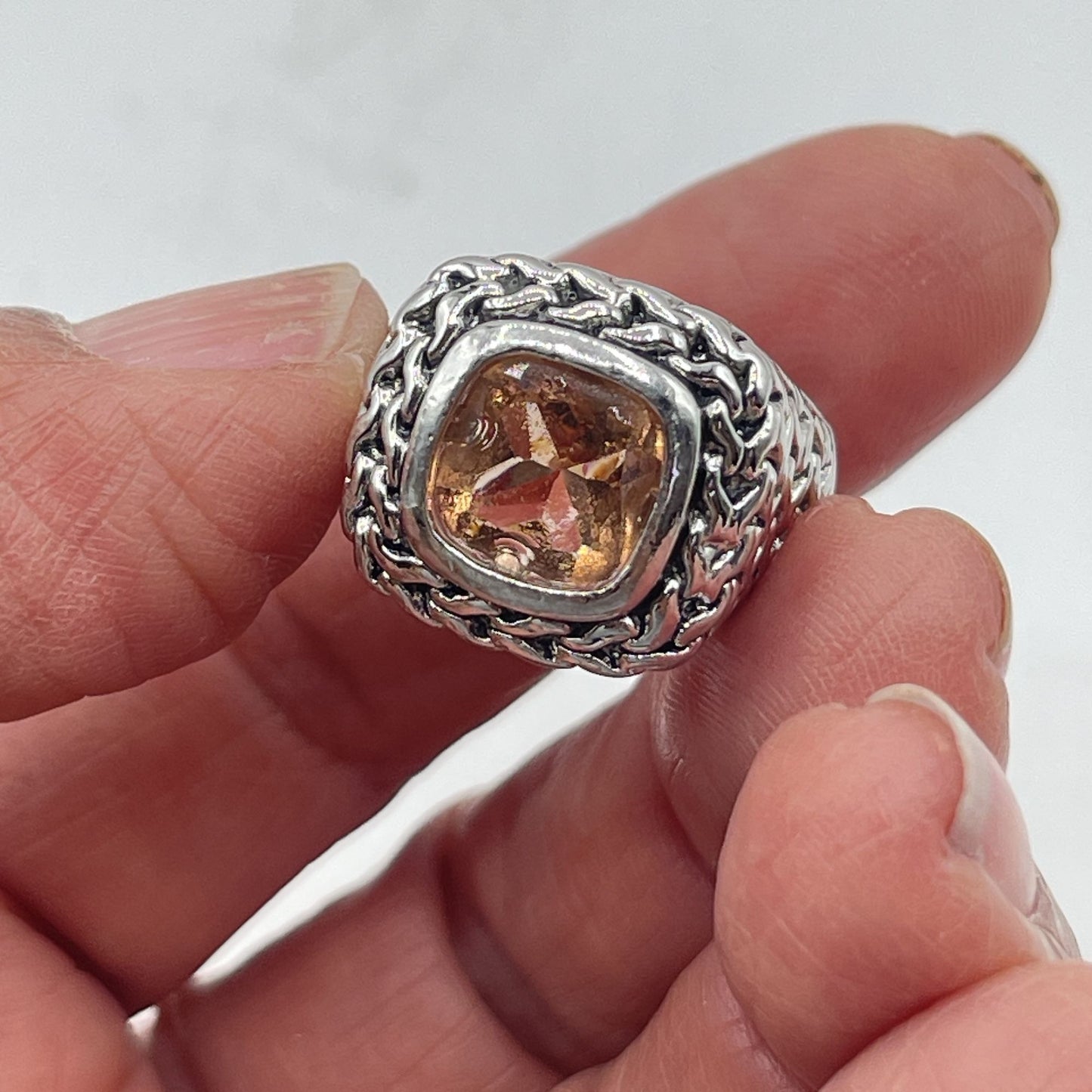 925 Sterling Silver Braided Ring With Citrine Gemstone Size 7.25