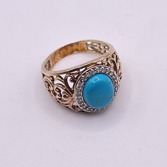 Gold-Plated Sterling Silver Ring Turquoise Stone & Crystal Accents Filigree Design 9.5