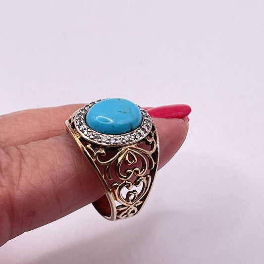Gold-Plated Sterling Silver Ring Turquoise Stone & Crystal Accents Filigree Design 9.5