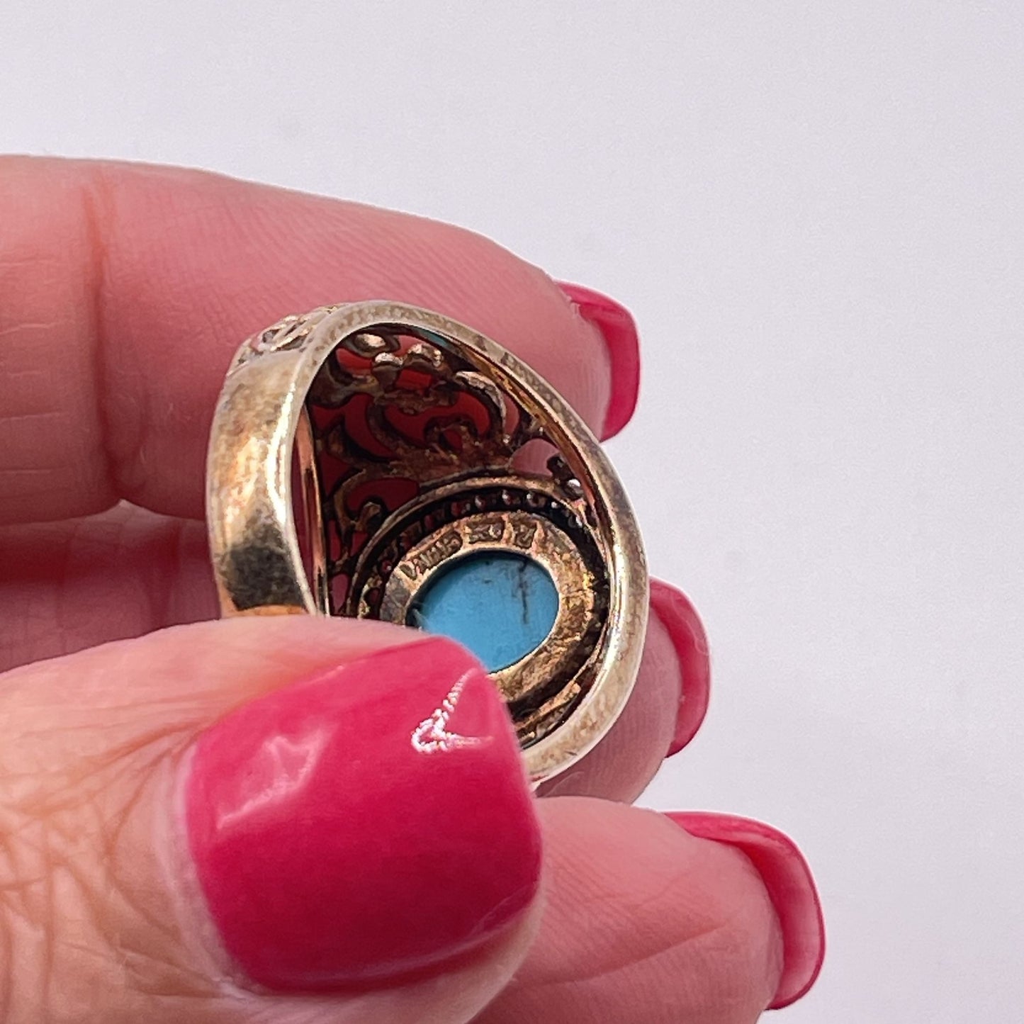 Gold-Plated Sterling Silver Ring Turquoise Stone & Crystal Accents Filigree Design 9.5