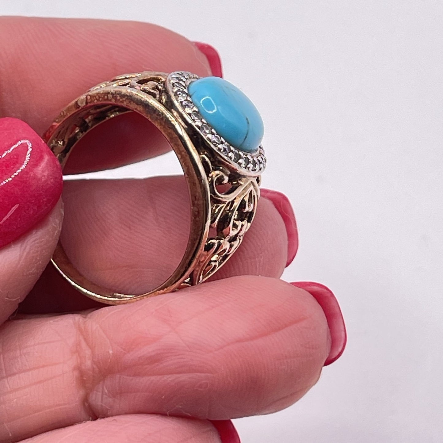 Gold-Plated Sterling Silver Ring Turquoise Stone & Crystal Accents Filigree Design 9.5