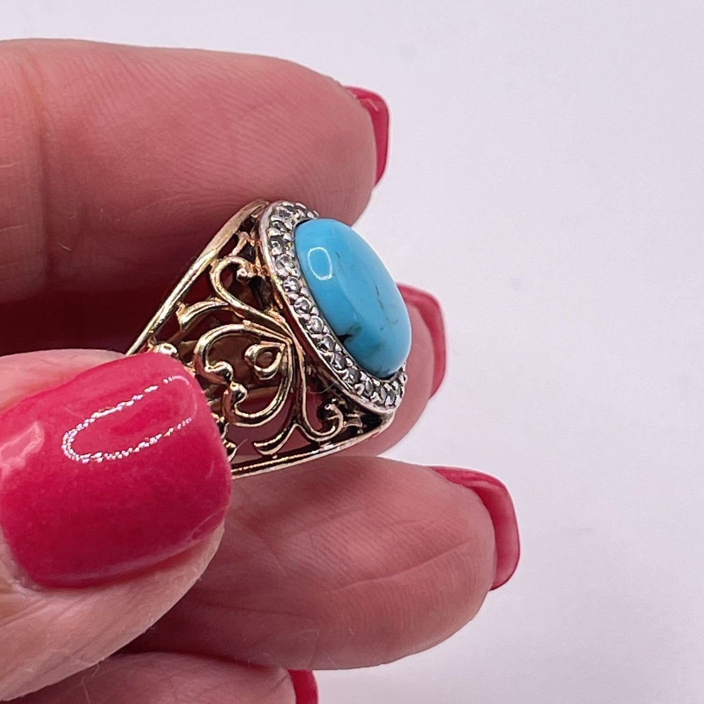 Gold-Plated Sterling Silver Ring Turquoise Stone & Crystal Accents Filigree Design 9.5
