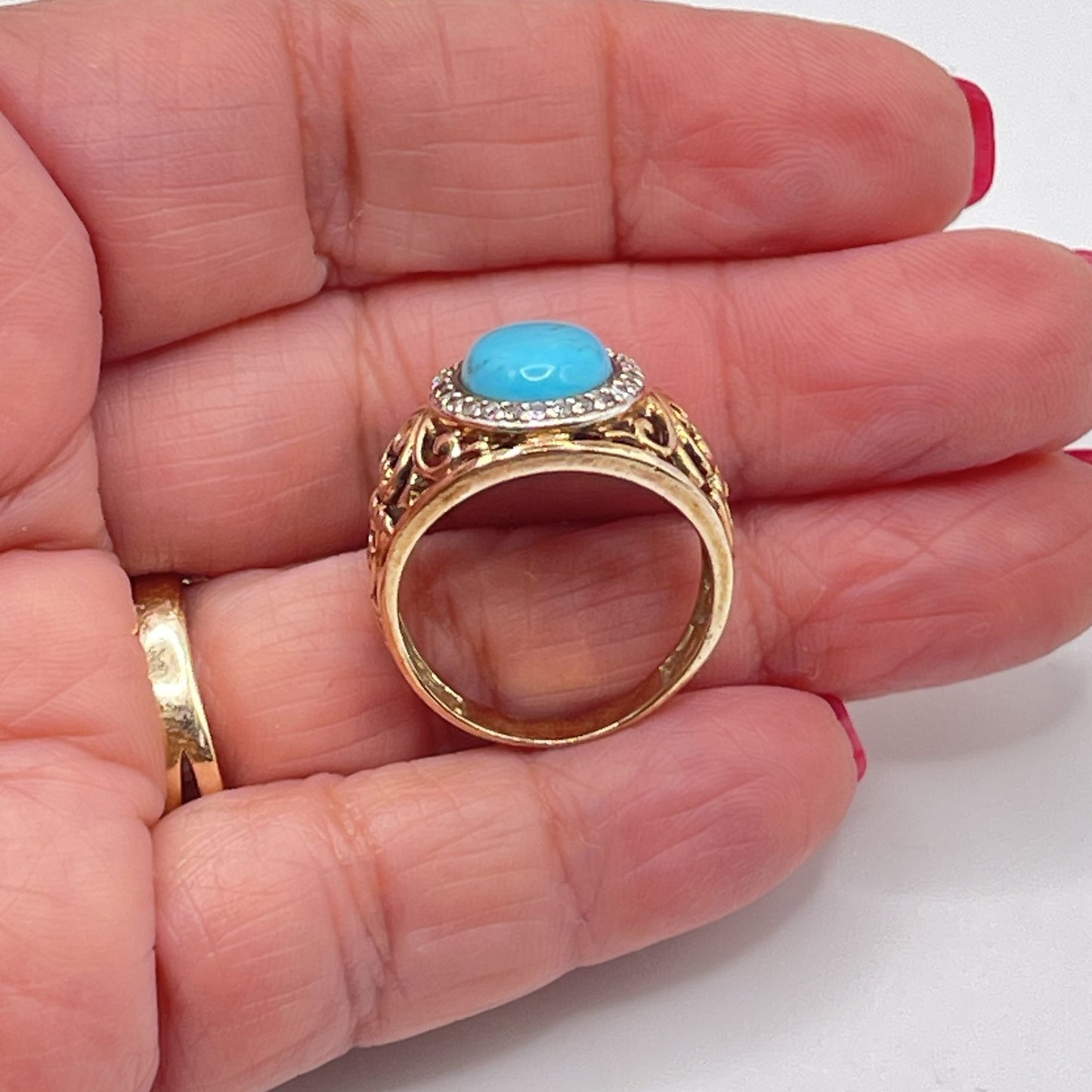 Gold-Plated Sterling Silver Ring Turquoise Stone & Crystal Accents Filigree Design 9.5