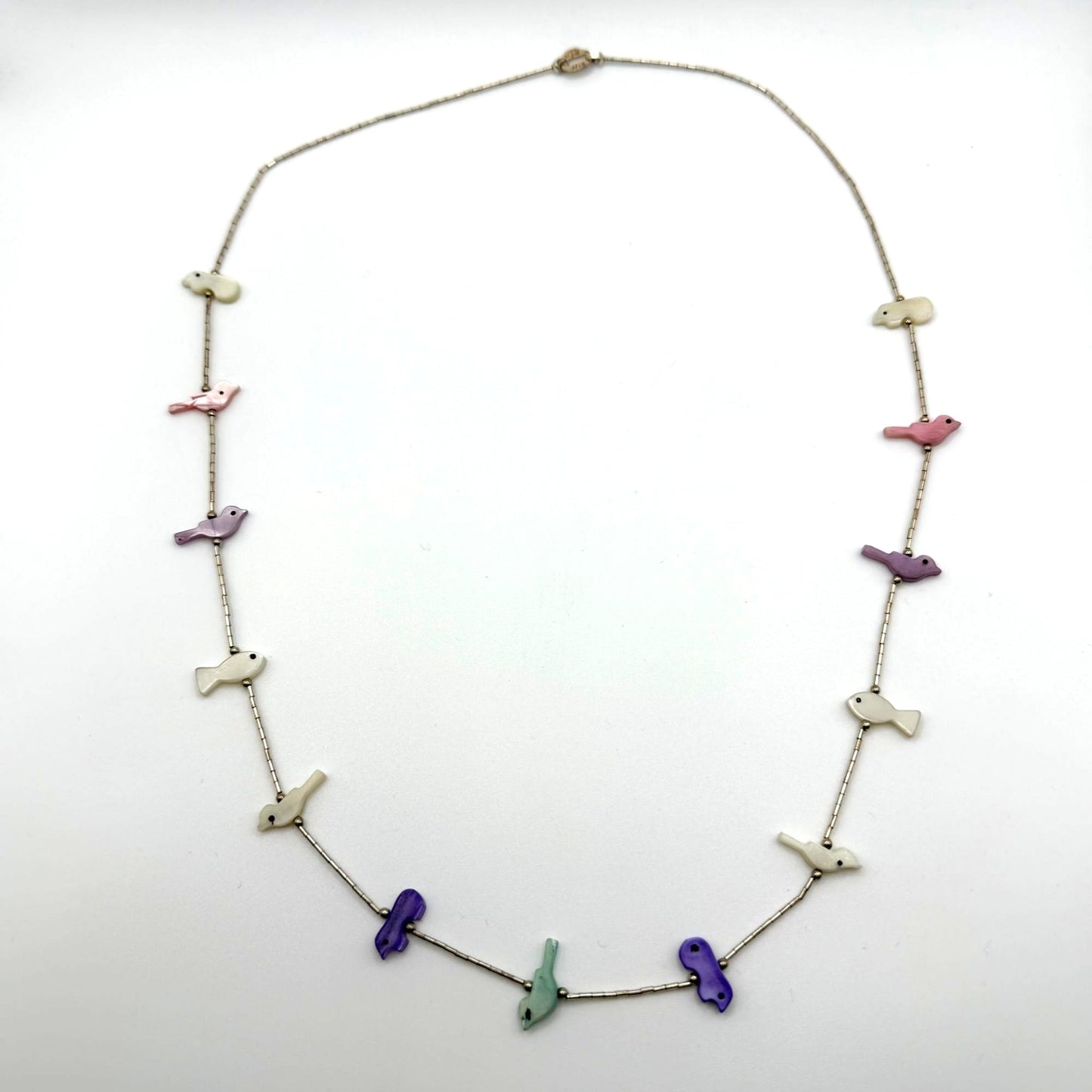 Carolyn Pollack Sterling Liquid Silver Strand Necklace W/ Mother Of Pearl Bird & Fish Fetish Design