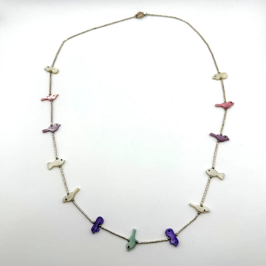 Carolyn Pollack Sterling Liquid Silver Strand Necklace W/ Mother Of Pearl Bird & Fish Fetish Design