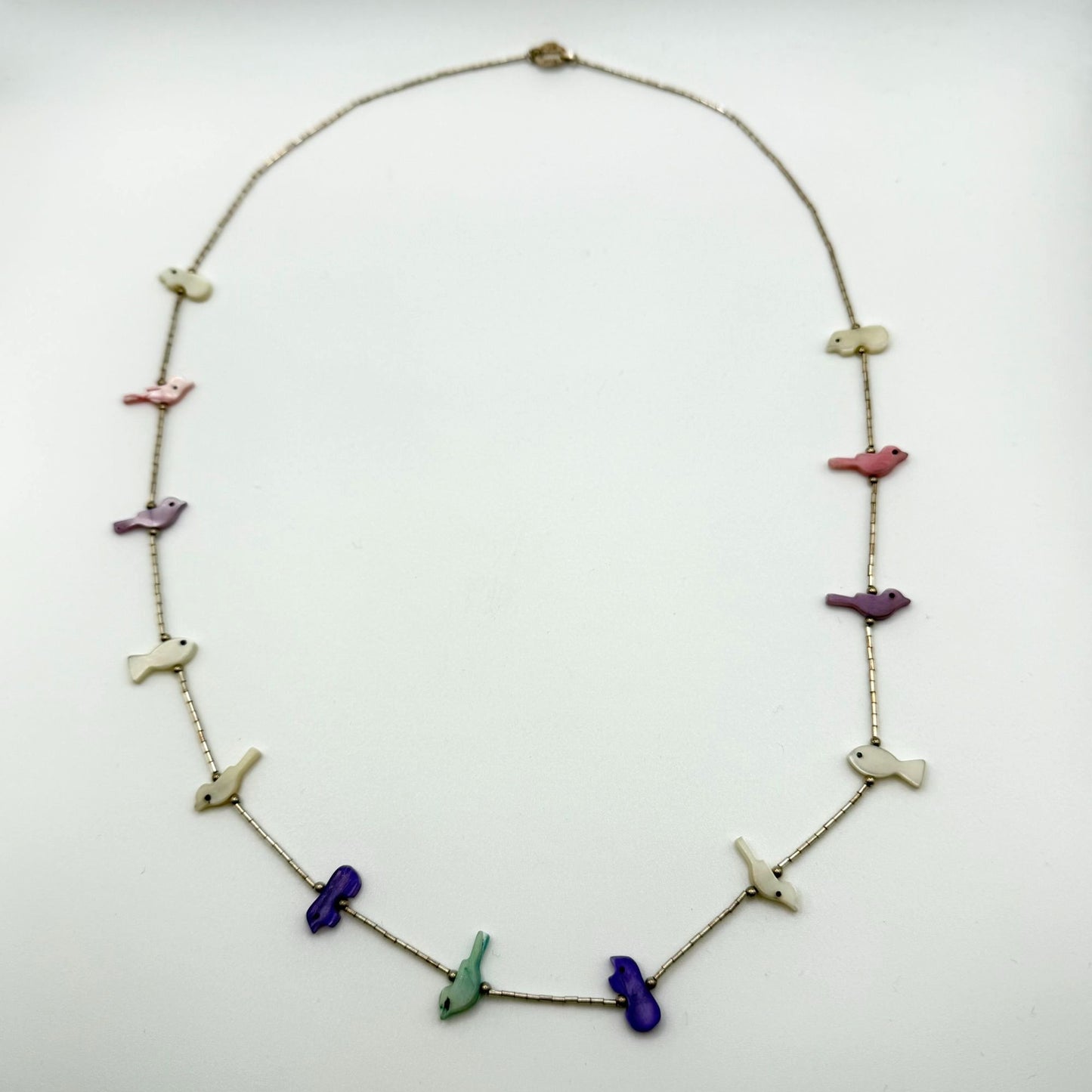 Carolyn Pollack Sterling Liquid Silver Strand Necklace W/ Mother Of Pearl Bird & Fish Fetish Design