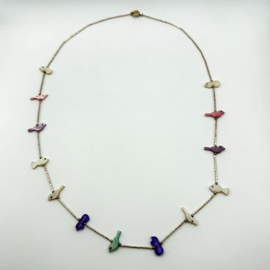Carolyn Pollack Sterling Liquid Silver Strand Necklace W/ Mother Of Pearl Bird & Fish Fetish Design