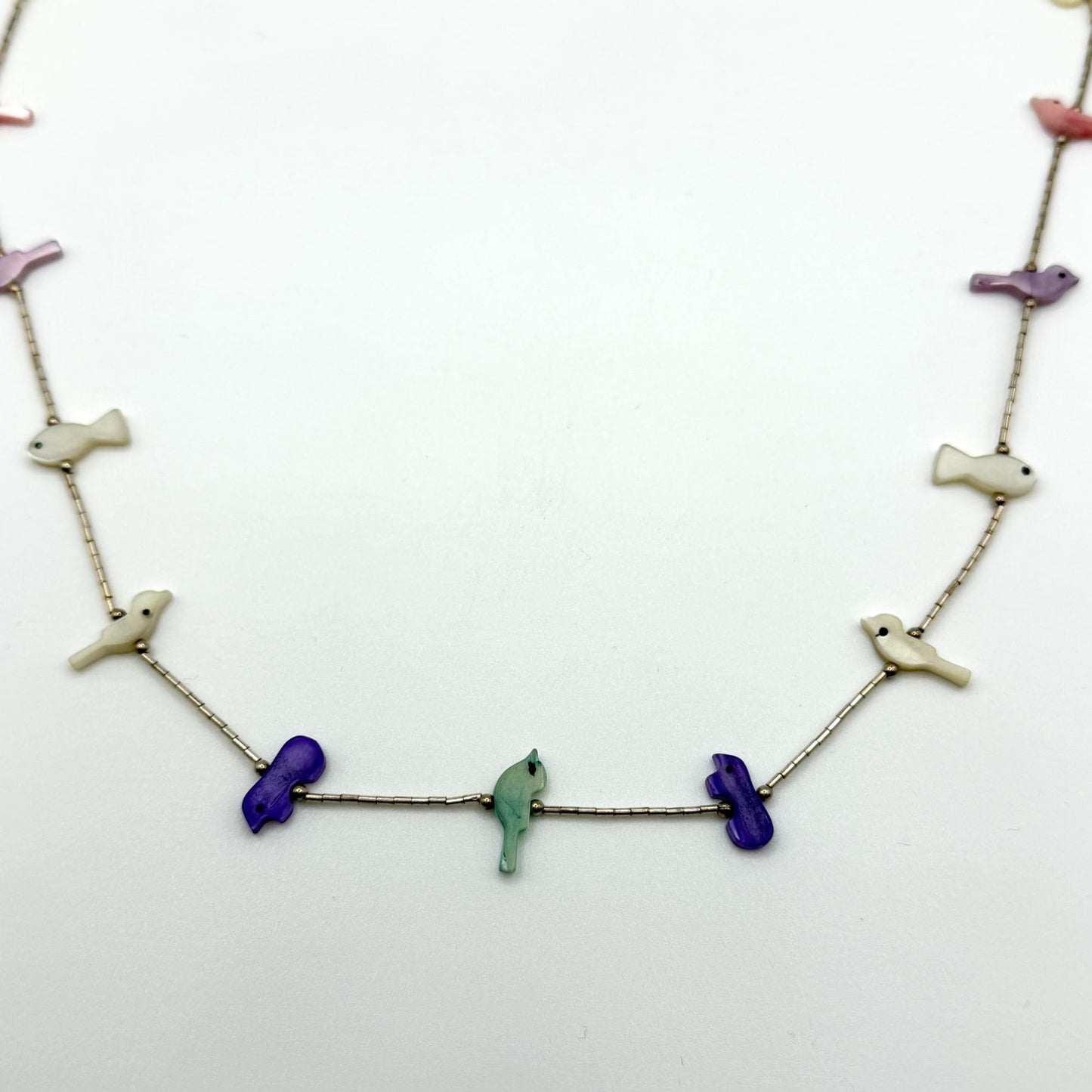 Carolyn Pollack Sterling Liquid Silver Strand Necklace W/ Mother Of Pearl Bird & Fish Fetish Design